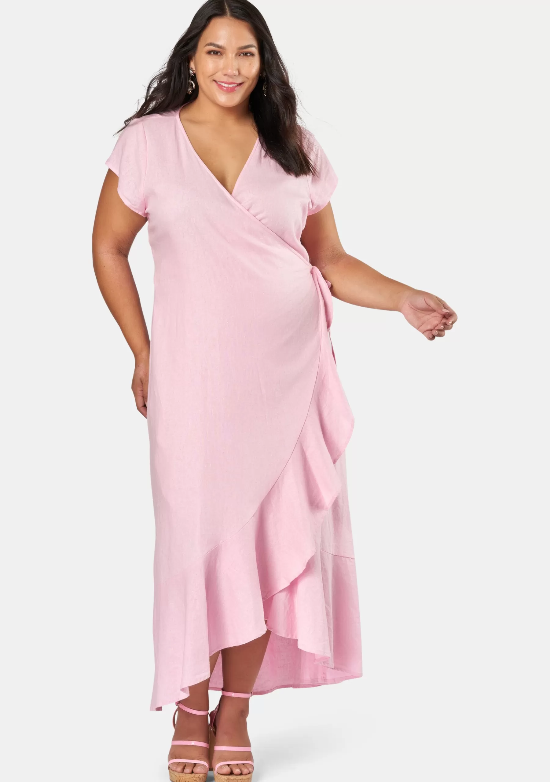 Curve Project Maxi Dresses>Fake Love Linen Wrap Dress