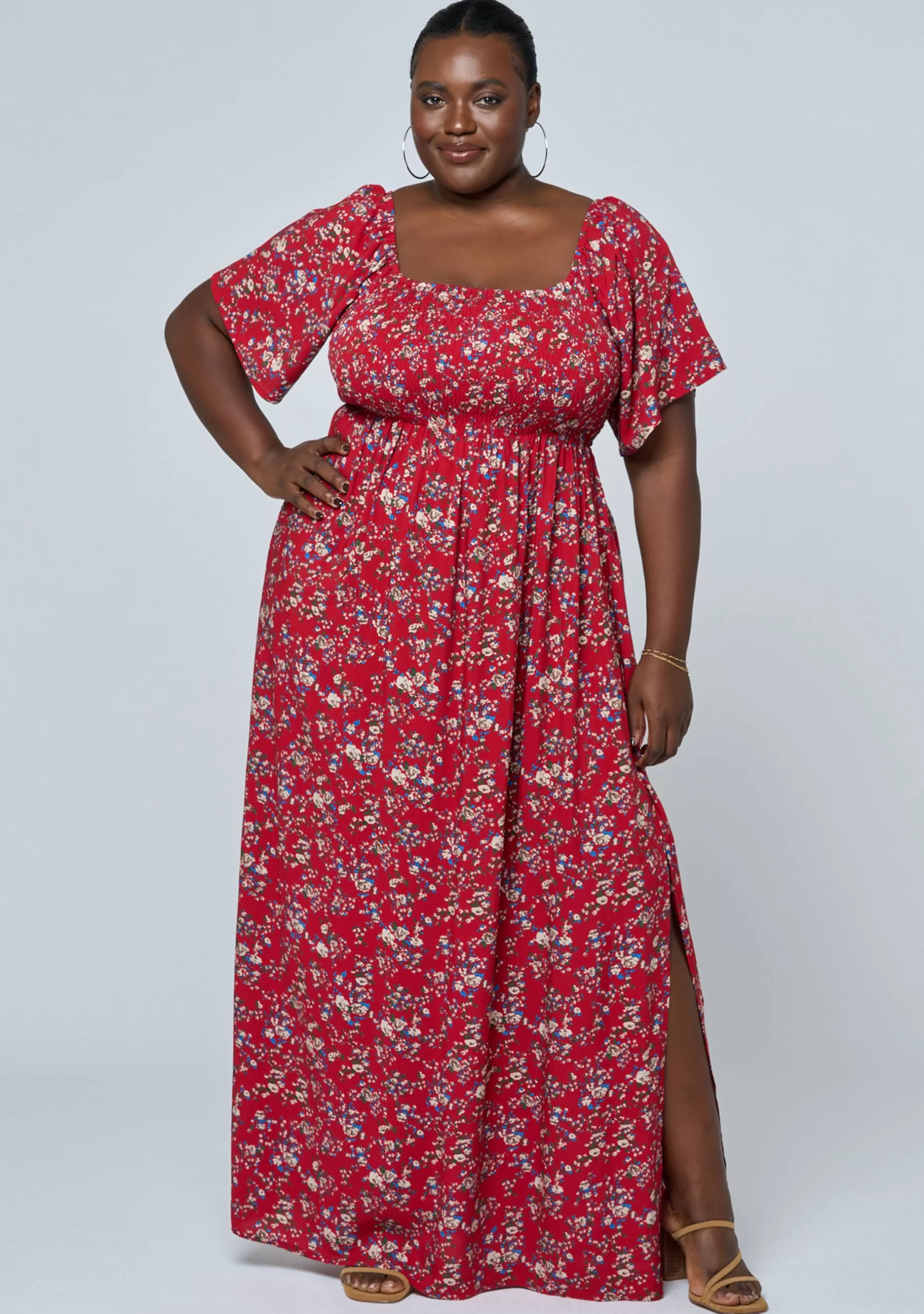 Curve Project Maxi Dresses>Ivy Shirred Print Maxi Dress