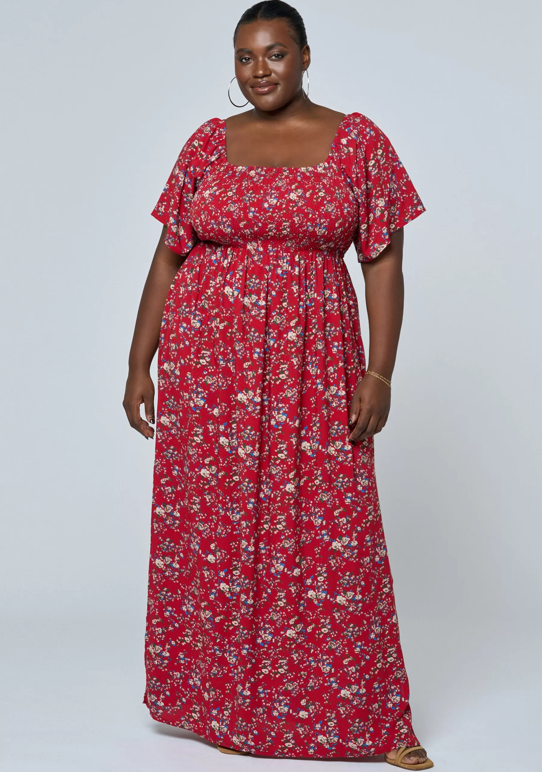 Curve Project Maxi Dresses>Ivy Shirred Print Maxi Dress